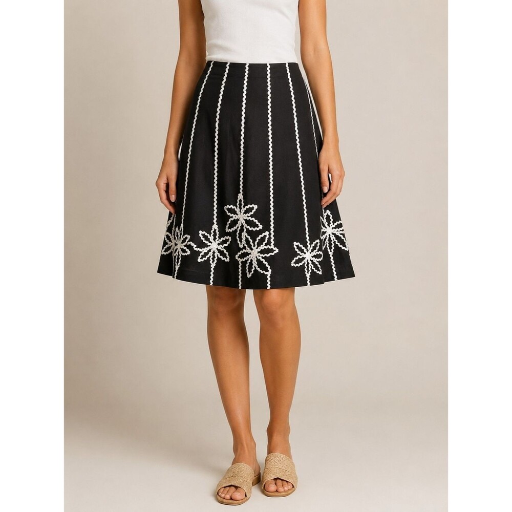SLB Black 100% Linen Embroidered A-Line Skirt Size 10 White Floral Boho